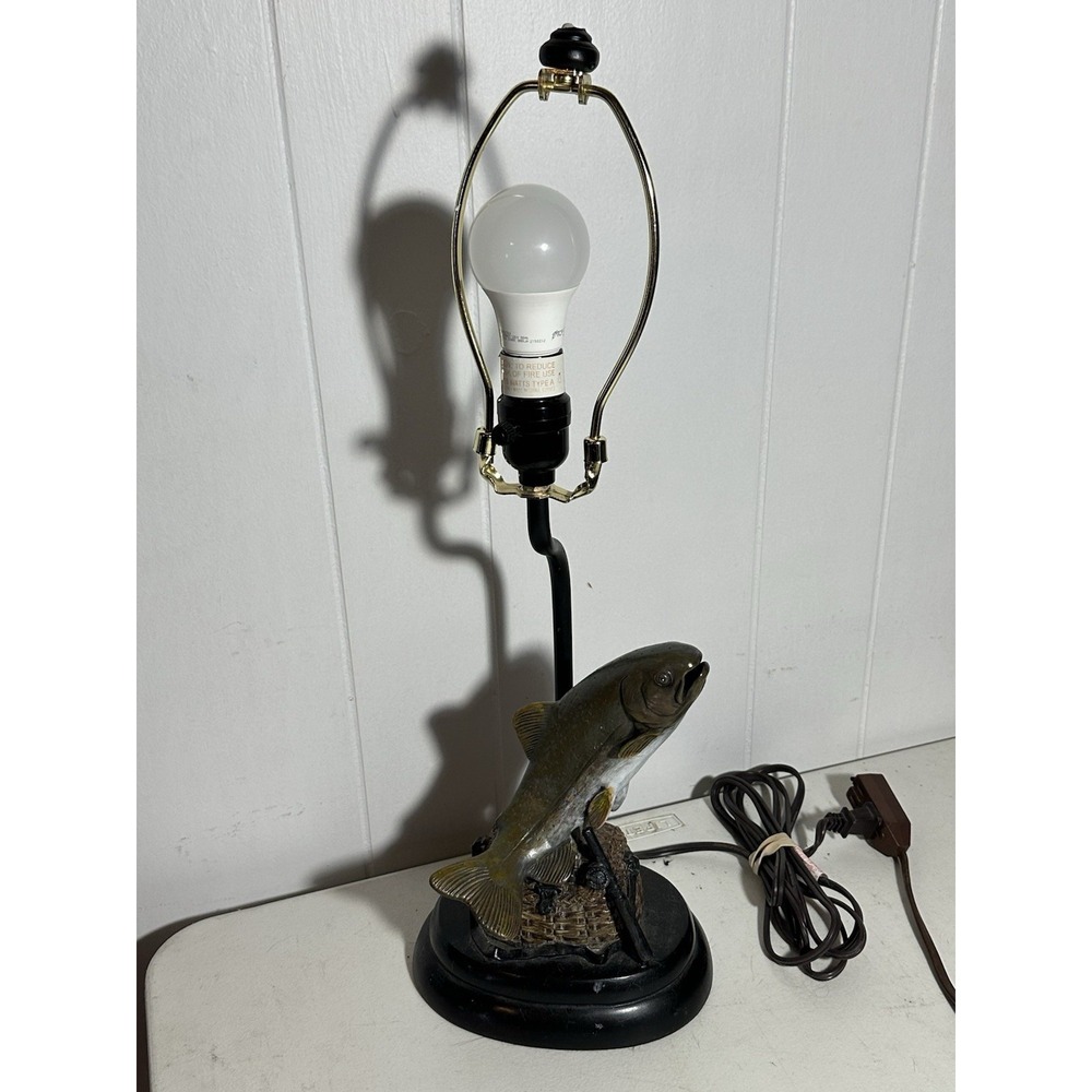 Vintage Fishing Fish Table Lamp Resin Trout Bass Cabin Lodge Decor 21" Working